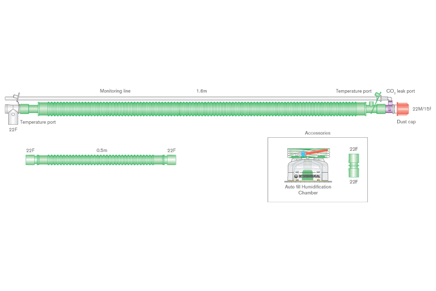 30mm Flextube bilevel heated wire breathing system with swivel CO₂ leak port, monitor line, auto-fill chamber and extra limb. ≥ 1.6m