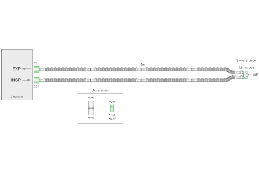 10mm Flextube transport breathing system with swivel Y-piece and 22F machine connections for babyPAC ventilators, ≥ 1.6m
