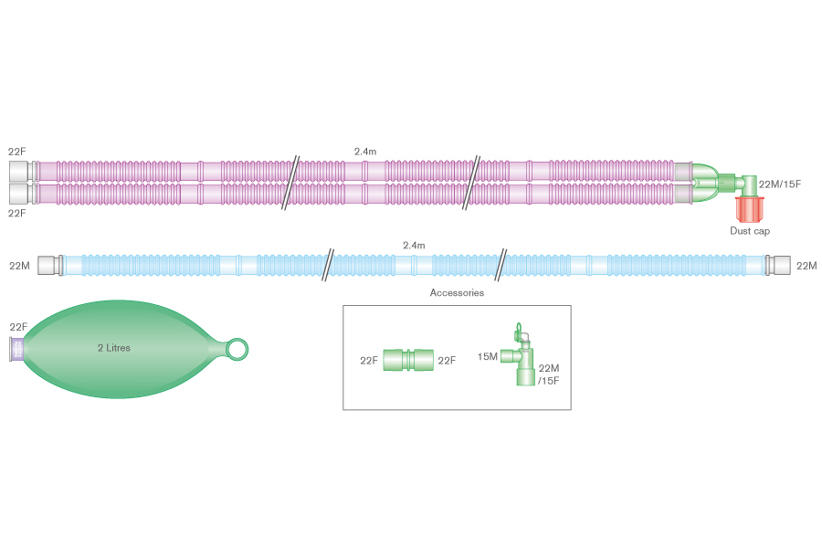 22mm Flextube™ Silver Knight™ anti-microbial breathing system with 2 L bag, luer elbow, and blue limb, ≥ 2.4m 