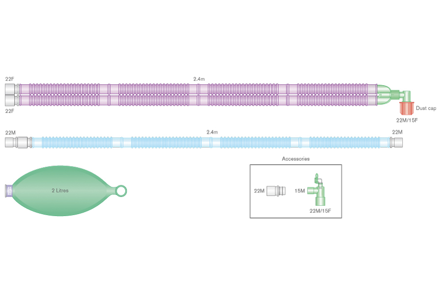 22mm Flextube™ Silver Knight™ anti-microbial breathing system with 2 L bag, and blue limb, ≥ 3.2m