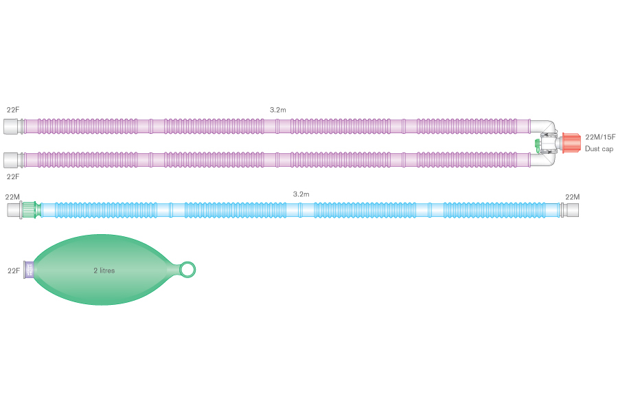 22mm Flextube™ Silver Knight™ anti-microbial breathing system with 2 L bag, swivel y-piece, and blue limb, ≥ 3.2m