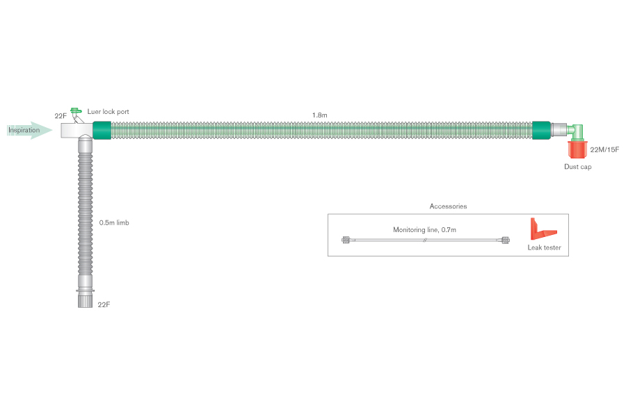 22mm DuoFlow™ breathing system with luer connector, integral monitoring line, and elbow, ≥ 1.8m