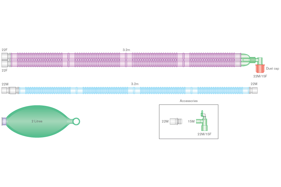 22mm Flextube™ Silver Knight™ anti-microbial breathing system with 2 L bag, and blue limb, ≥ 3.2m