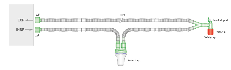 15mm Flextube breathing system with luer elbow, and single water trap, ≥ 1.6m