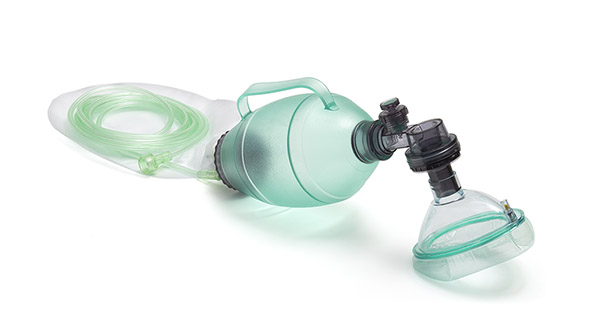 BVM resuscitator, small adult/paediatric, 1L bag with pressure relief valve (40cm H₂0), size 4 mask